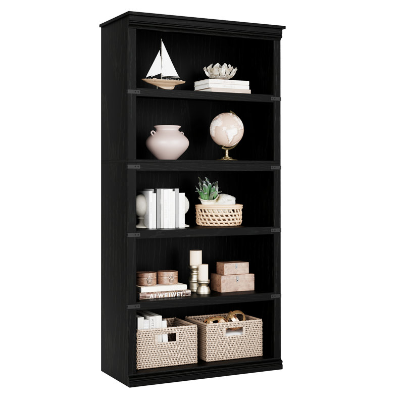 5-Tier Farmhouse Bookshelf, 67.4 Inch Tall Freestanding Wood Bookcase for Home Office, Black Relief Mountain, 80*32*171.2cm