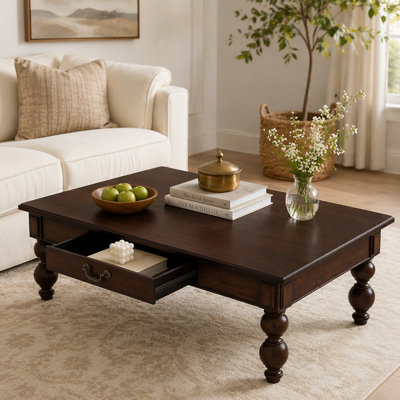 Rectangular Wooden Coffee Table With Storage Drawer, Vintage Cocktail Table With Solid Wood Gourd-Shaped Legs