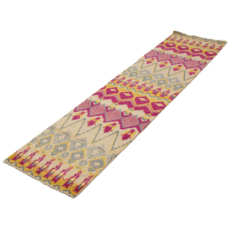 Tapis de couloir en laine noué à la main de conception unique noué à la main New Age 2 pi 6 po x 12 pi 2 po Tapis décoratif en jaune