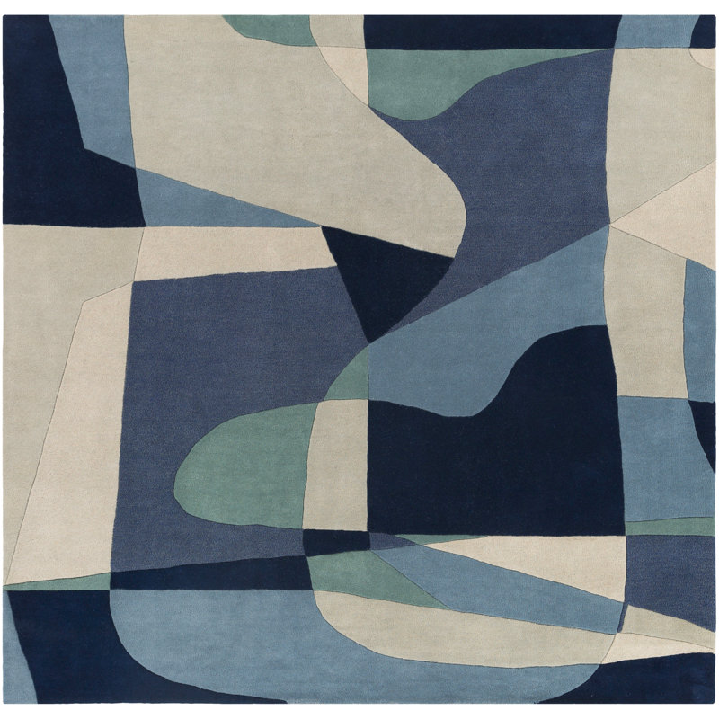 Tapis bleu sarcelle / bleu marine / beige en laine touffeté à la main Gaye, Carré 8 pi
