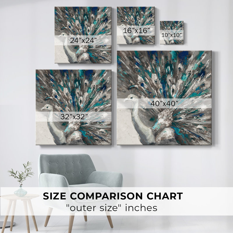 Fier paon sur toile, Gris / bleu, H 40 po x l 40 po