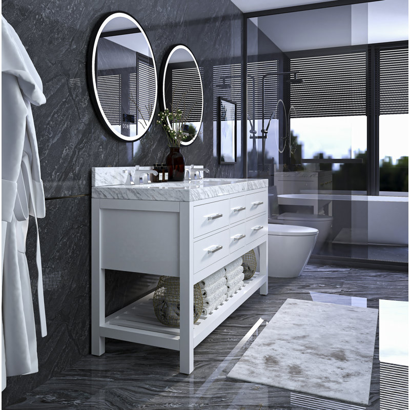 Elizabeth 60'' W Double Vanity, White/Brushed Nickel, Carrara White Marble