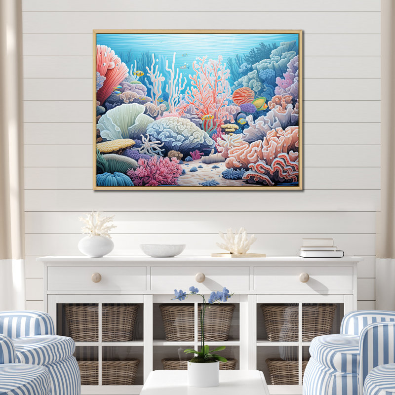 Kawaii rose corail côtier sur toile, Cadre naturel flottant, H 34 po x l 44 po x P 1,5 po
