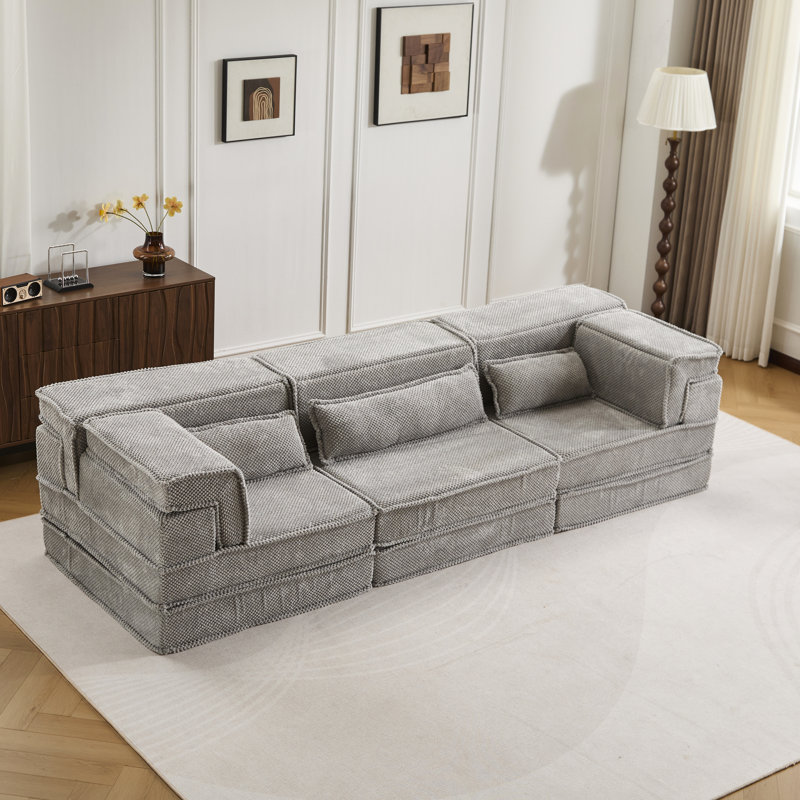 Canapé modulaire convertible gris Mahjong 3 places avec coussins, revêtement polaire circulaire, idéal pour les jeux de cartes et parfait pour le bureau