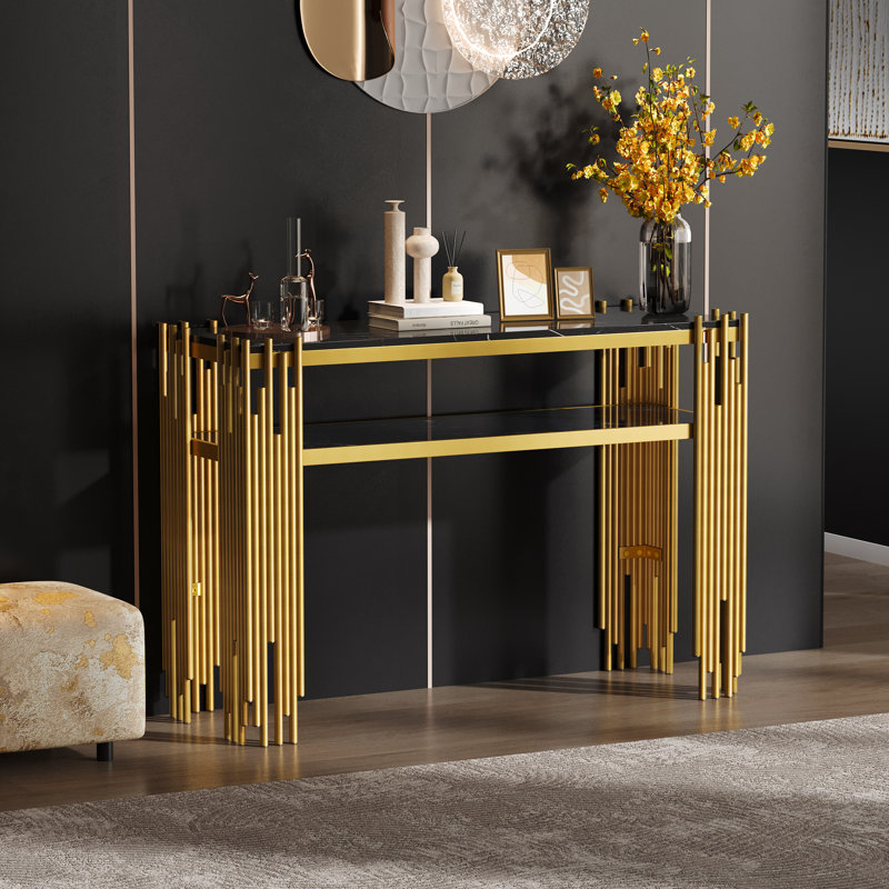 Wooden Console Table With Storage Shelves And Golden Legs, Black