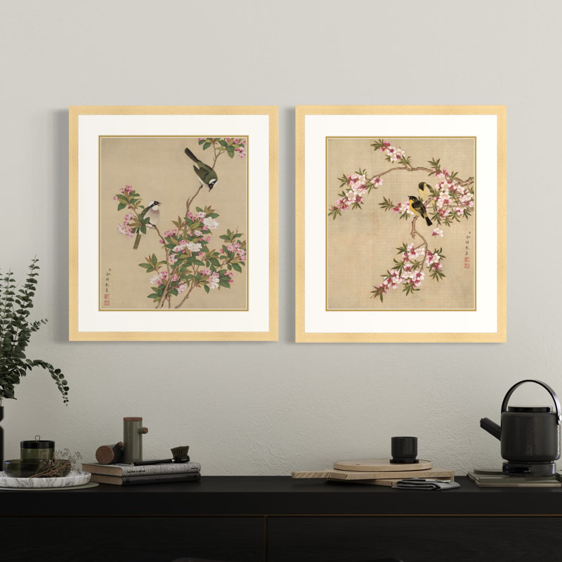 Oiseaux parmi les branches en fleurs de Yu Zhi - ensemble de 2 reproductions de cadres photo simples, H 21,5 po x l 35 po
