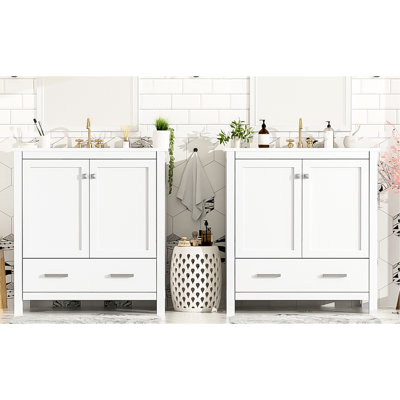Meuble-lavabo blanc 60 po avec lavabos doubles, rangement et rangement en céramique pratique et spacieux