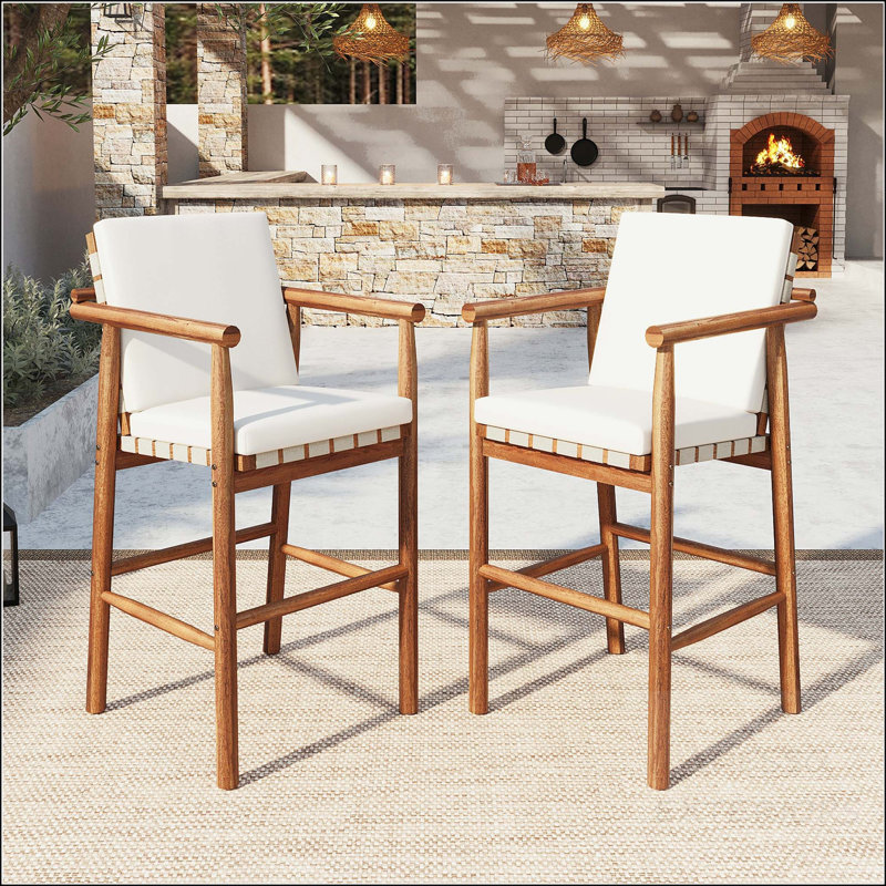 Ensemble de 2 tabourets de bar à hauteur de comptoir en bois d'acacia avec siège en sangle et coussins amovibles