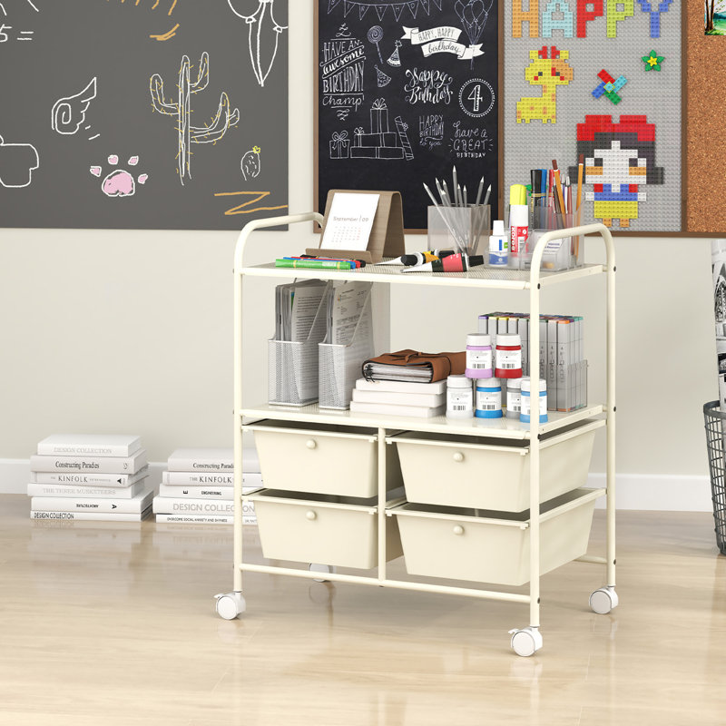  Meuble de bureau roulant à 4 tiroirs, Blanc