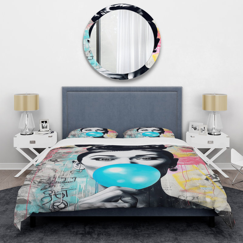 Ensemble de housse de couette Audrey Hepburn Blue Bubble Gum - Celebrity, Housse de couette pour grand lit et 2 taies décor