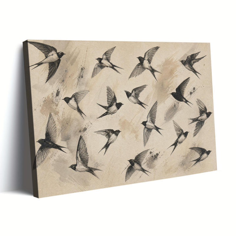 Croquis à l'encre vintage d'hirondelles en vol, tableau sur toile beige avec éclaboussures, décoration murale rustique et neutre représentant des oiseaux