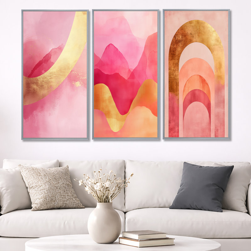 Contemporary Flow I - Pink & Gold Arcs - Art mural encadré abstrait 3 pièces, 32" H x 48" W, Silver Floater Framed