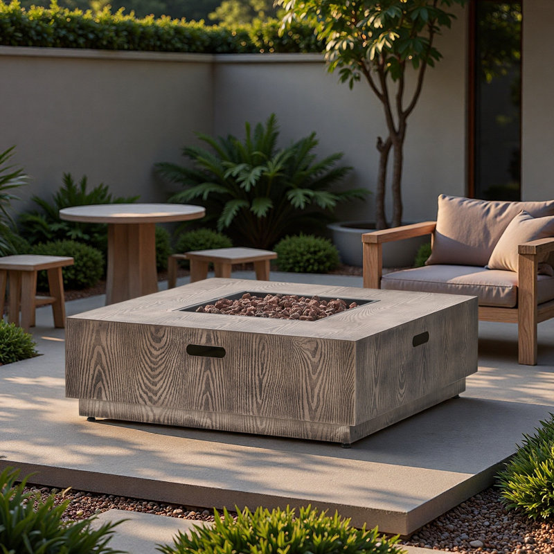 SQUARE IRON WOOD PATTERN FIRE PIT -50,000 BTU Tank outside