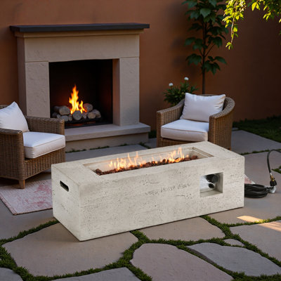 Mgo Propane Outdoor Rectangular Fire Pit With Side Cutout Handles, Steel Burner, Adjustable Flame Control, Lava Rocks And Rain Cover