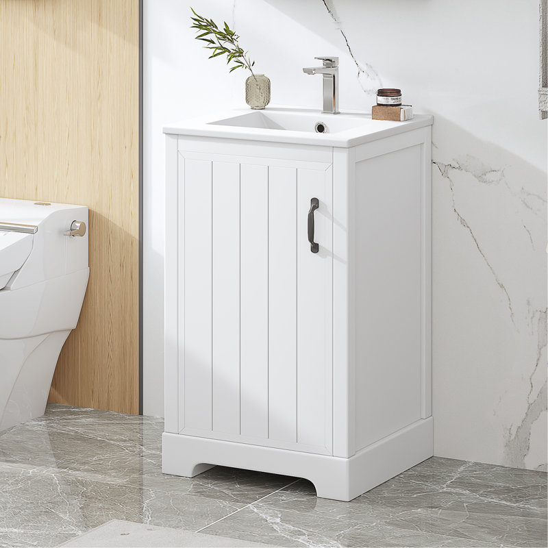 Meuble-lavabo de 20 po avec lavabo, armoire de salle de bain avec porte à fermeture douce, support de rangement et tablette réglable, blanc