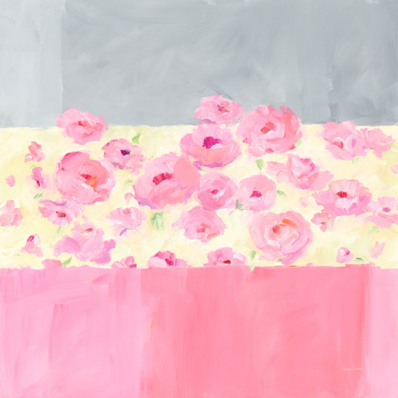 Fleurs sur fond rayé, abstrait, rose, jaune, gris, floral, aérien, doux, H 24 po x l 36 po x P 1,5 po