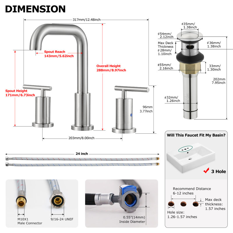 Robinet de salle de bain surdimensionné à 2 poignées avec conduites d'alimentation en eau, Nickel brossé