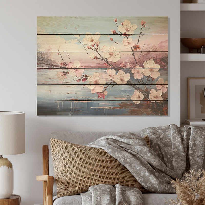 Pommier en fleurs, arbre I - champ de fleurs, art mural sur bois de pin naturel, H 24 po x l 32 po
