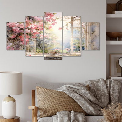 Pink Blossoming Country Window Gaze I - Window Multipanel Wall Art
