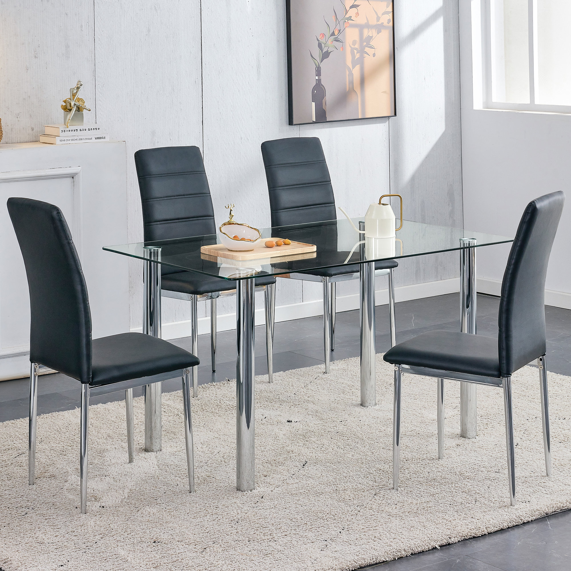 Brayden Studio Table And Chair Set: 1 Table With 4 Black Pu Chairs ...