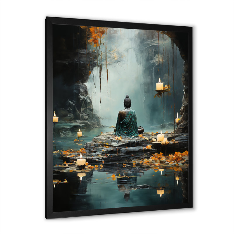 «Hinduism Yogis Tranquil Cave Teal I», reproduction d'art sur toile, Cadre simple noir, H 32 po x l 16 po x P 1 po