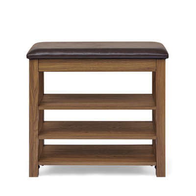 Brown Bench With Height Adjustment, Natural Rubberwood, High Sponge, Three Layers Of Ventilation Design Leather, Sponge Seat