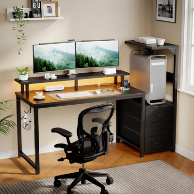 52 Inch Fixed Office Desk, 3 Drawer Side Storage Shelf with LED Lighting & Power Strip
