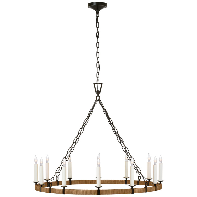 Darlana 12 - Light Wagon Wheel Chandelier, Polished Nickel/Natural Rattan, 32" H x 40" W x 38.75" D