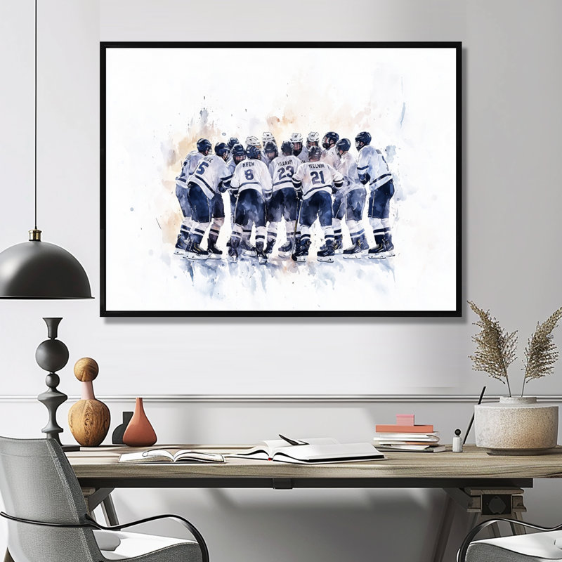 Équipe de hockey avant un match II, H 30 po x l 40 po, Impression dans un cadre flottant sans passe-parto, Noir