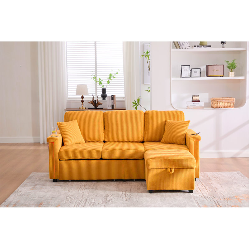 Canapé modulaire en L avec rangement escamotable, repose-pieds et coussins à 3 places avec chargement USB, porte-gobelet, conception convertible pour salon, appartement, tissu en velours côtelé