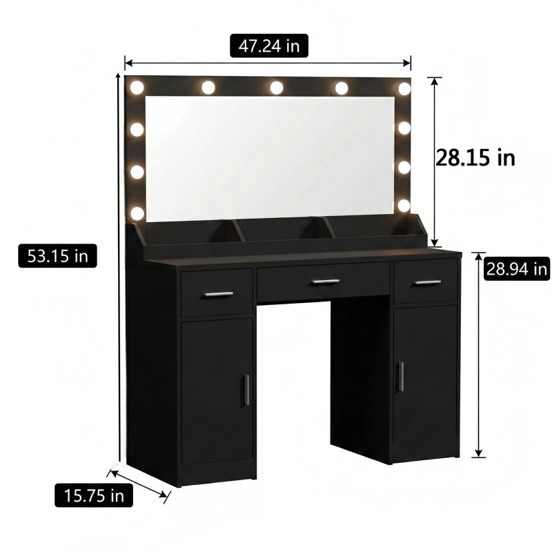 47.2-Inch Vanity Desk With A Large Mirror, Offering Three-Color Lighting Modes With Adjustable Brightness. A Dresser With Three Drawers And Two Vertical Cabinets. A Makeup Vanity Table For Women And Girls, In Black.