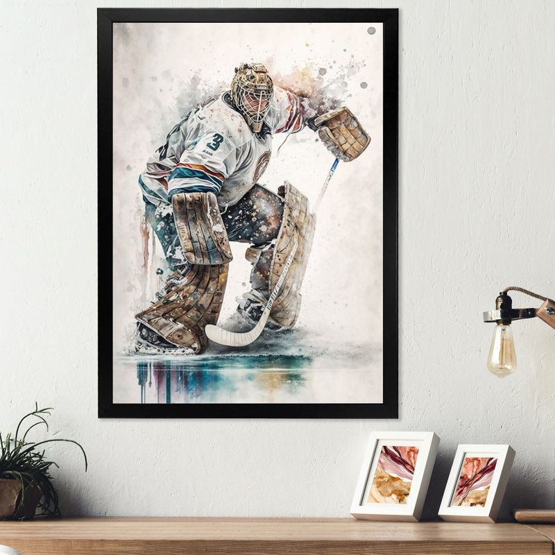 Hockey Gardien pendant le jeu VI - Peinture sur toile, Cadre photo noir, H 20 po x l 12 po x P 1 po