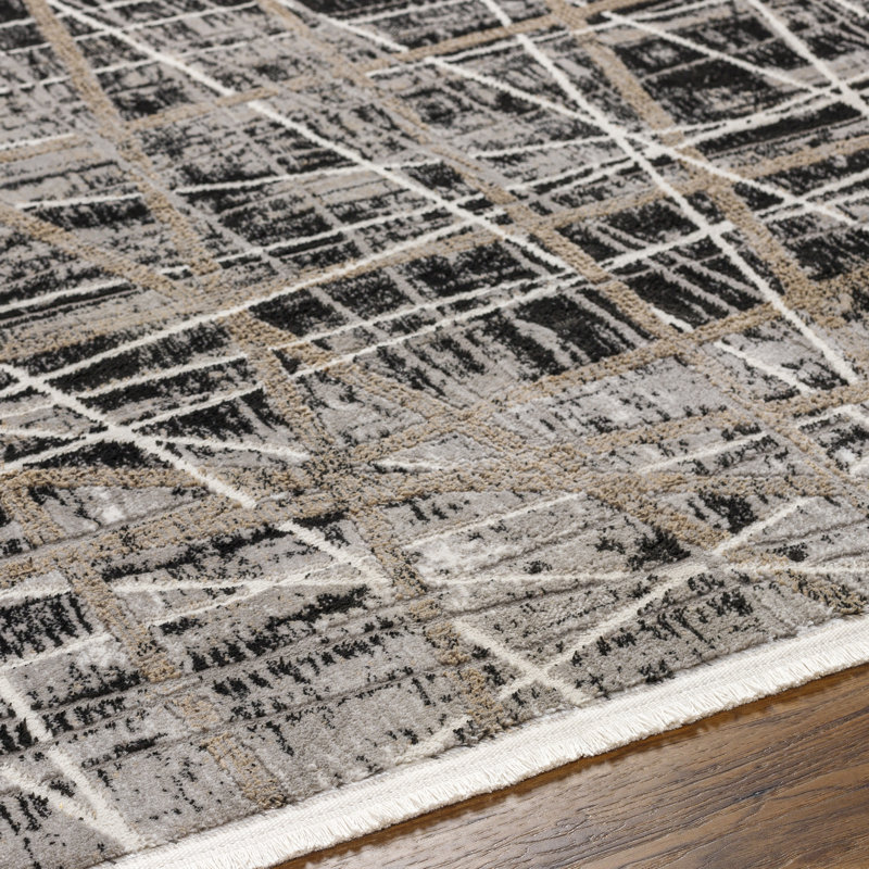 Rectangle Machine Woven Polyester Area Rug in Black, Rectangle 5'3" x 7'