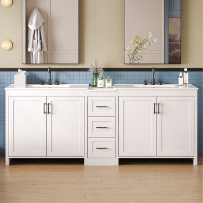 Meuble-lavabo double 84 po, 2 lavabos en céramique et comptoir en quartz 84 po, avec tablettes réglables et 3 tiroirs, grand espace de rangement, poignées en métal argenté et charnières à fermeture en douceur