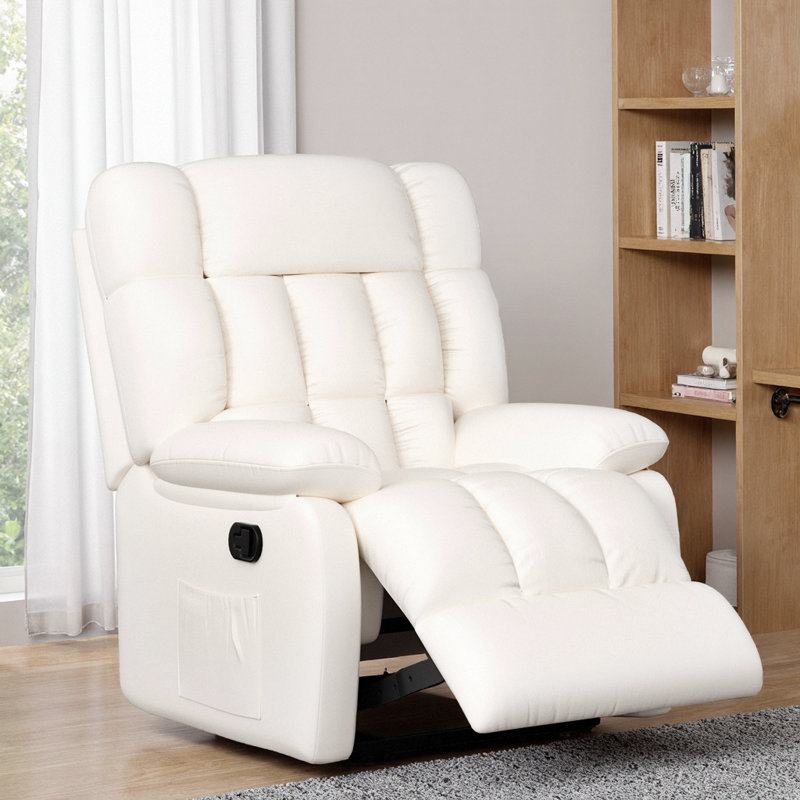 39" Manual Rocker Recliner, 110-160° Ergonomic PU Chair w/ Side Pocket & Extending Footrest, Beige