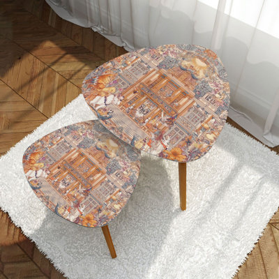 Triangle Nesting Coffee Table Set of 2 Ornate Fantasy Whimsical Animals Pastel Decorative Architecture End Table Modern Minimalist Side Table Set for Living Room Bedroom