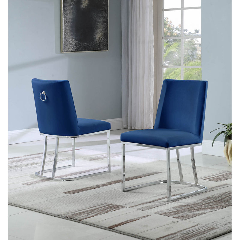 Stansted 19'' H Velvet Upholstered Side Chair, Navy Blue, Silver