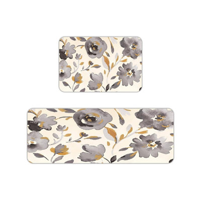 Ensemble de 2 tapis de cuisine à motif floral gris et gris