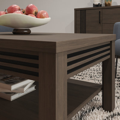 Modern Art Deco Style Coffee Table with Open Storage Compartment, Engineered Wood, Routed Grooves, Dark Oak Decor, 90 cm W x 46.5 cm H x 60 cm D