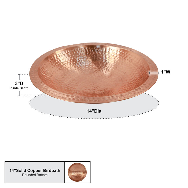 14" Hammered Polished Copper Birdbath Bowl