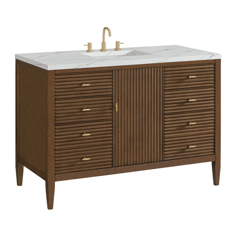 Myrrin 48'' W Single Vanity, Mid-Century Walnut, Ethereal Noctis, 8" Widespread