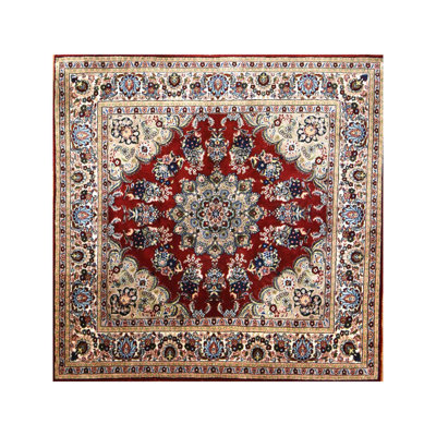 Tapis rouge, rhubarbe 2 pi 1 po x 2 pi 1 po, persan sino ultra fin, soie pure, 500 KPSI, motif médaillon, tapis oriental noué à la main, mat, carré
