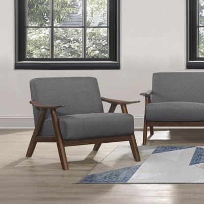 Chaise d'appoint - Mobilier de style moderne avec dossier et siège rembourrés en tissu gris avec revêtement en noyer