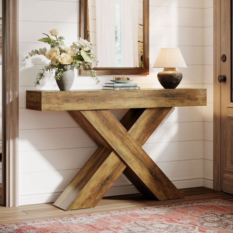 Farmhouse 55" Console Table, Wood Entryway Table with X-Shaped Legs