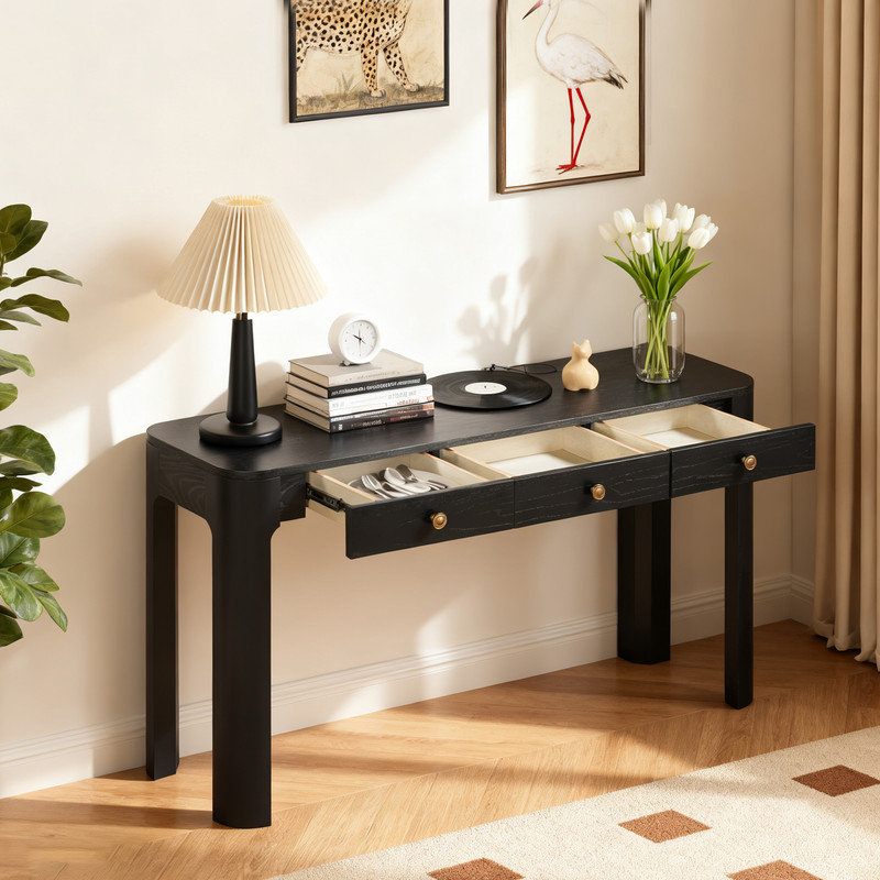 Console rustique avec 3 tiroirs cachés et coins arrondis, canapé d'entrée en bois massif pour le couloir et le salon, Noir