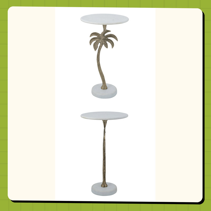 14X14x24" Round Side Table With Marble Top And Palm Tree Design