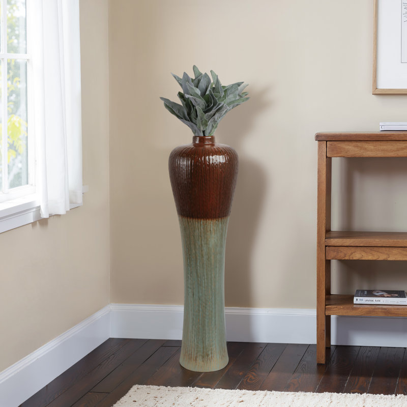 Decorative Textured Tall Floor Ceramic Vase for Home Table Decor - Modern Flared Flower Vase for Living Room Display