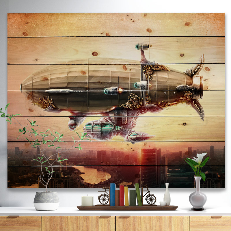 «Dirensible Balloon in Sky over City», reproduction d'impression, H 15 po x l 20 po x P 1 po, Bois