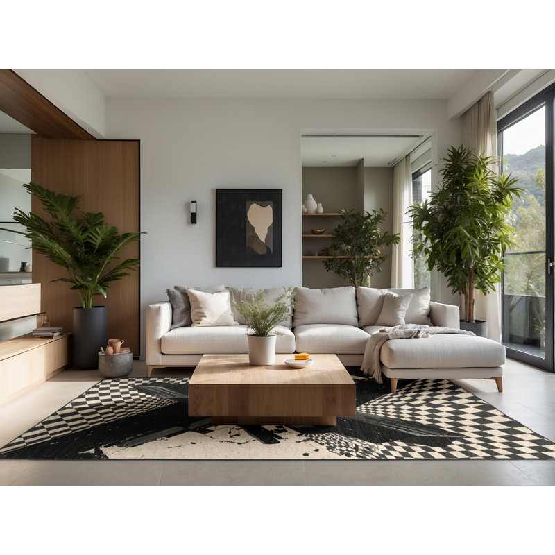 Soft Plush Collier Sao Paulo Skyline Modern & Contemporary Checkered Area Rug in Beige – Black Binding, 8x12
