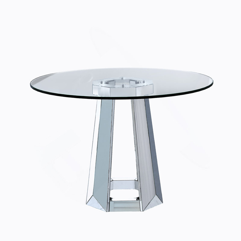 Table de salle à manger moderne en verre trempé minimaliste moderne avec base en miroir, idéale pour les espaces de salle à manger élégants et fonctionnels